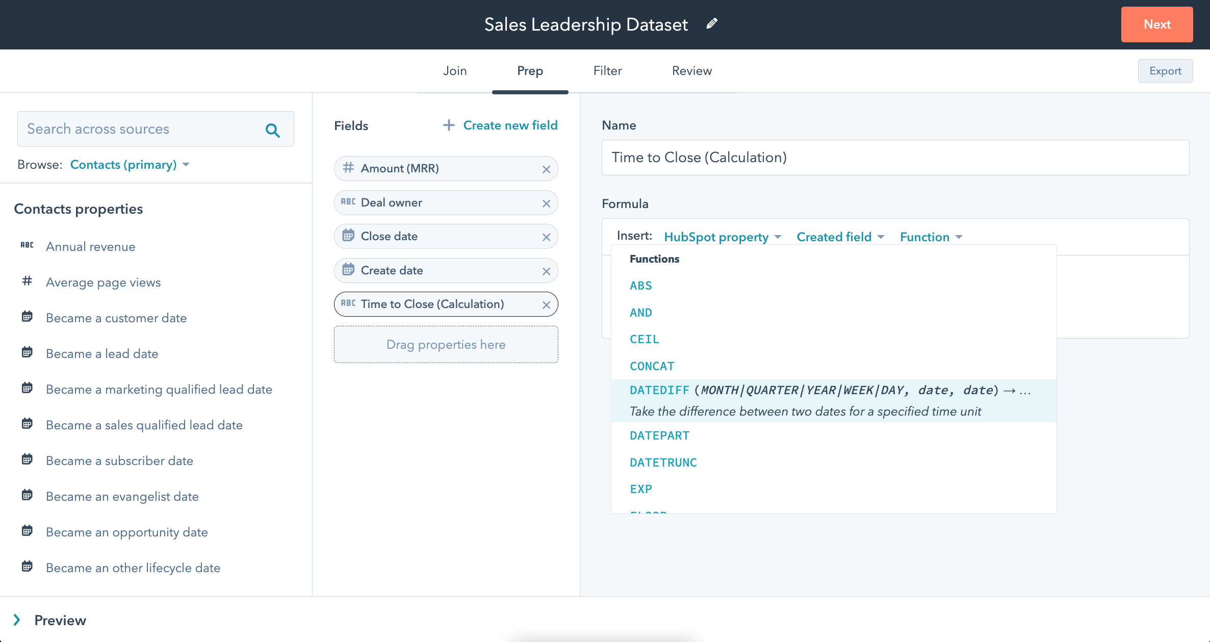 Screenshot of user curating a time to close (calculation) field in a sales leadership dataset.